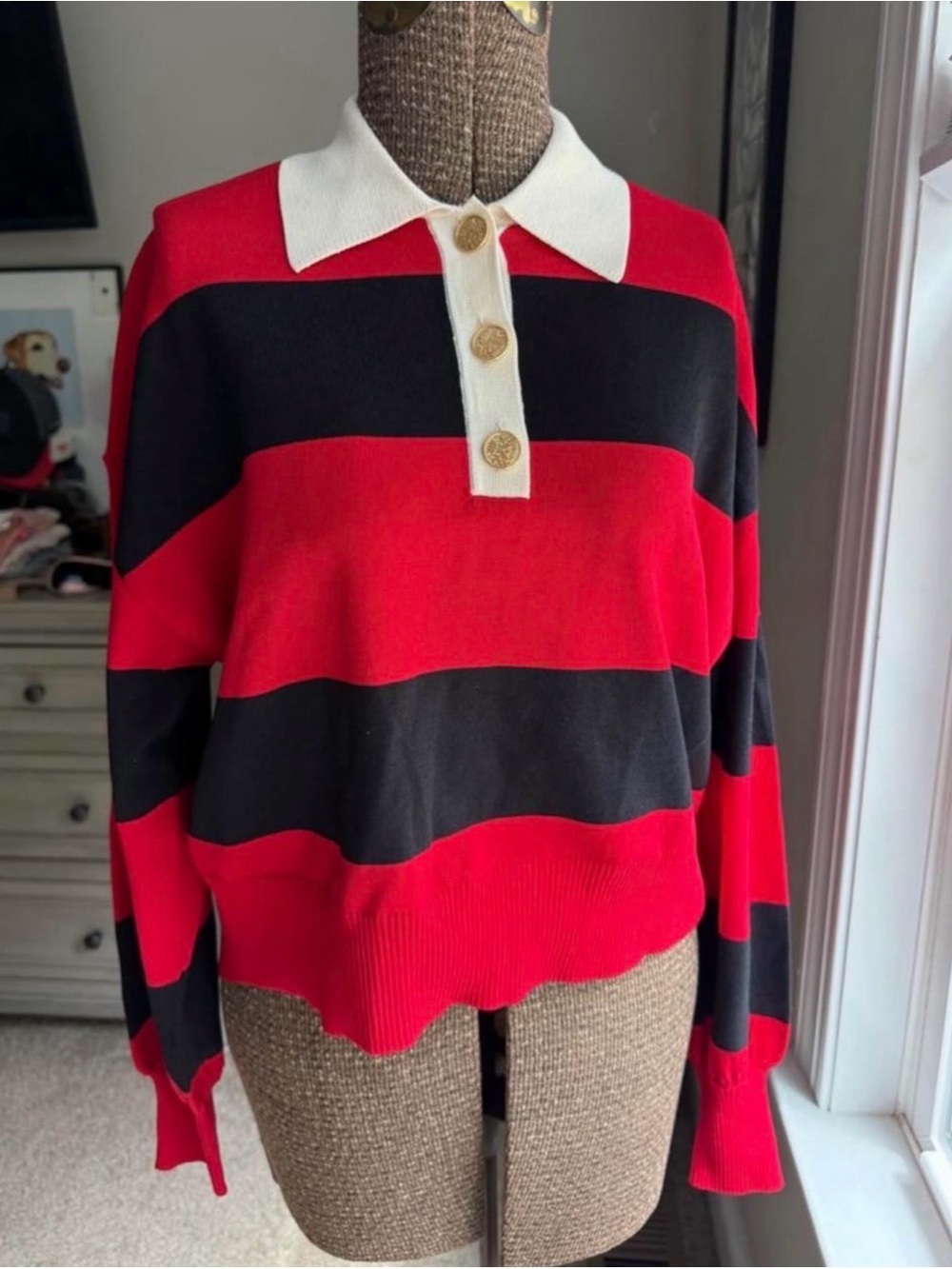 Express Red & Black Striped Polo Sweater with White Collar